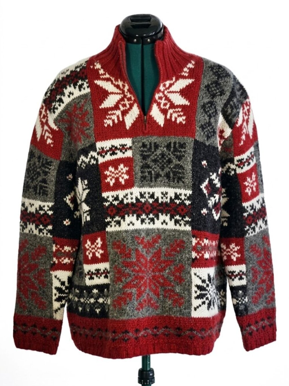 Lauren Ralph Lauren Vintage Handknit Fair Isle Patchwork 1/4 Zip Sweater Large